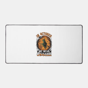 October We Wear Orange Flying Witch Pumpkins Black Desk Mat