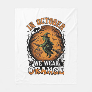 October We Wear Orange Flying Witch Pumpkins Black Fleece Blanket