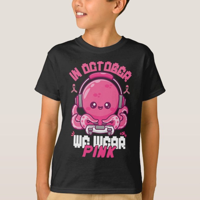 October We Wear Pink Breast Cancer Gaming Kids Boy T-Shirt (Front)