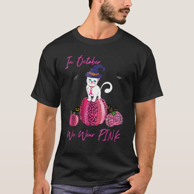 October We Wear Pink Pumpkin Cat With Witch Hat Ha T-Shirt (Front)