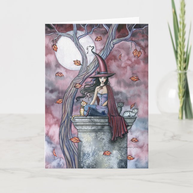 October Winds Halloween Witch Cat Moon Card (Front)