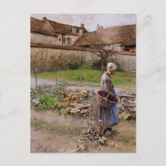 October with Woman in Her Garden Postcard (Front)