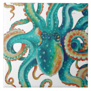 Octopis Teal Tentacles Watercolor Tile