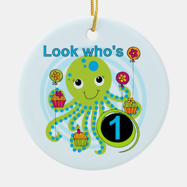 Octopus 1st Birthday T-shirts and Gifts Ceramic Tree Decoration (Front)