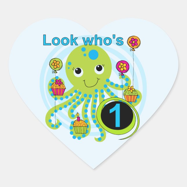Octopus 1st Birthday T-shirts and Gifts Heart Sticker (Front)