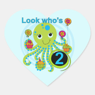 Octopus 2nd Birthday T shirts and Gifts Heart Sticker
