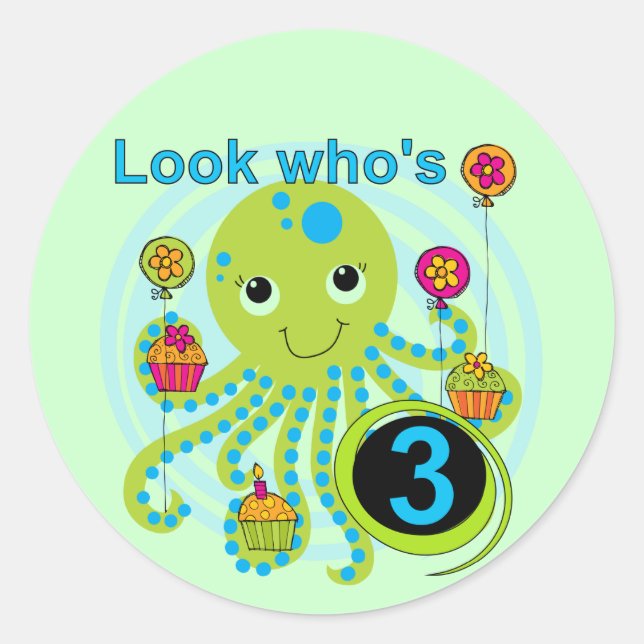 Octopus 3rd Birthday T-shirts and Gifts Classic Round Sticker (Front)