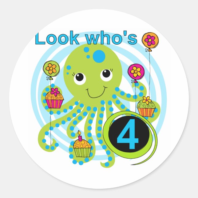 Octopus 4th Birthday T shirts and Gifts Classic Round Sticker (Front)