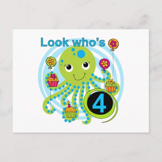 Octopus 4th Birthday T shirts and Gifts Postcard (Front)