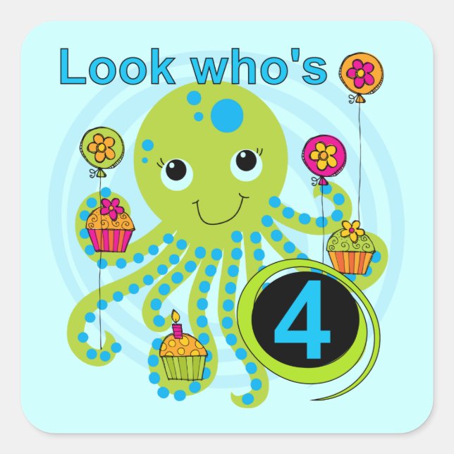 Octopus 4th Birthday T shirts and Gifts Square Sticker (Front)