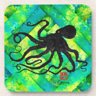 Octopus 6 On Blue/Green - Hard Plastic Coasters