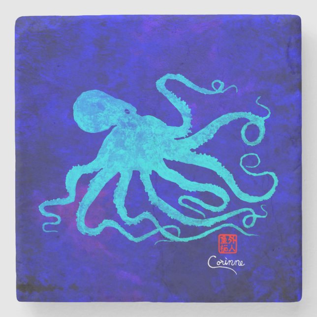 Octopus 6 on Blue - Marble Coaster (Front)