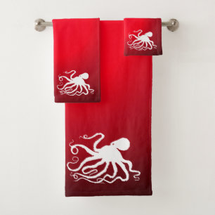 Octopus 6 on Red - Bathroom Towel Set