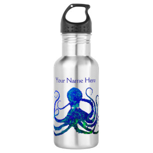 Octopus 8 Blue Green On Steel - Water Bottle