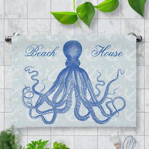 Octopus Anchors Vintage Blue Personalized Beach Tea Towel