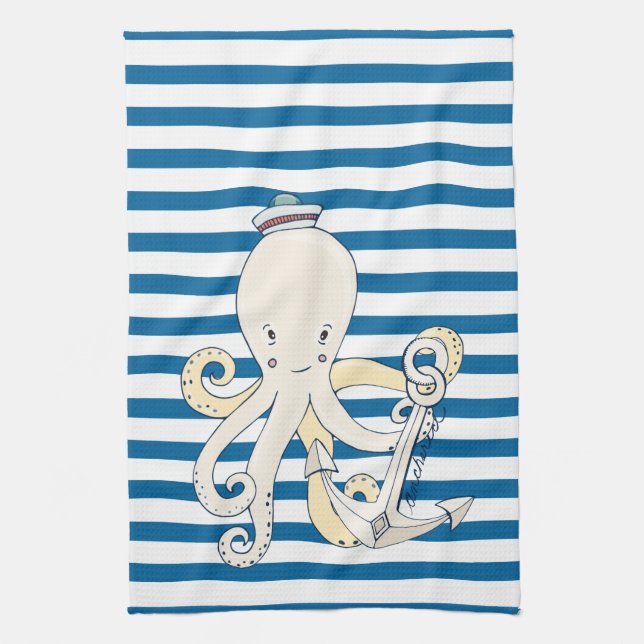 Octopus and Anchor Blue and White Stripe Towel (Vertical)