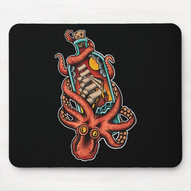 Octopus And Clipper Ship In Bottle, Old School Sai Mouse Mat (Front)
