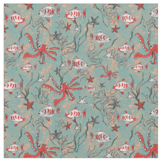 Octopus and Fish Fabric in Coral and Blue