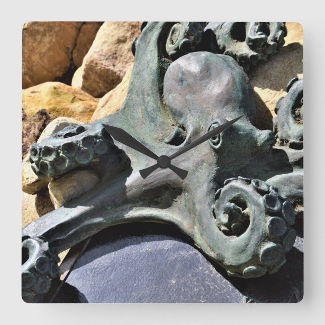 Octopus and Rocks Beach Square Wall Clock (Front)