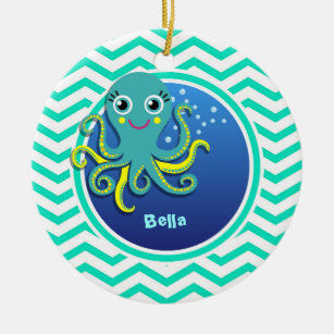 Octopus; Aqua Green Chevron Ceramic Tree Decoration