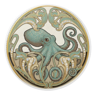 Octopus Aqua Green Cream & Gold Art Deco Nouveau Ceramic Knob