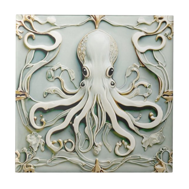 Octopus Art Nouveau Faux Relief Antique Mint Tile (Front)