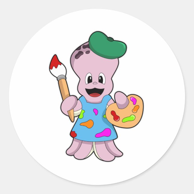 Octopus as Painter with Paint brush Classic Round Sticker (Front)