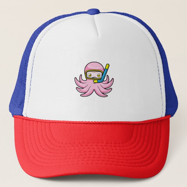 Octopus at Diving with Snorkel & Swimming goggles Trucker Hat (Front)