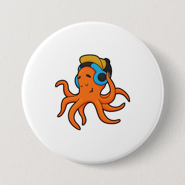 Octopus at Music with Headphone 7.5 Cm Round Badge (Front)