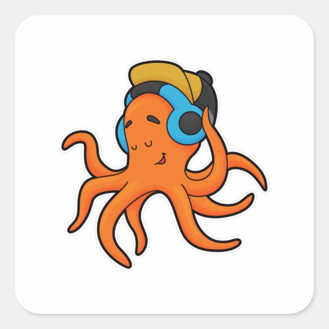 Octopus at Music with Headphone Square Sticker (Front)