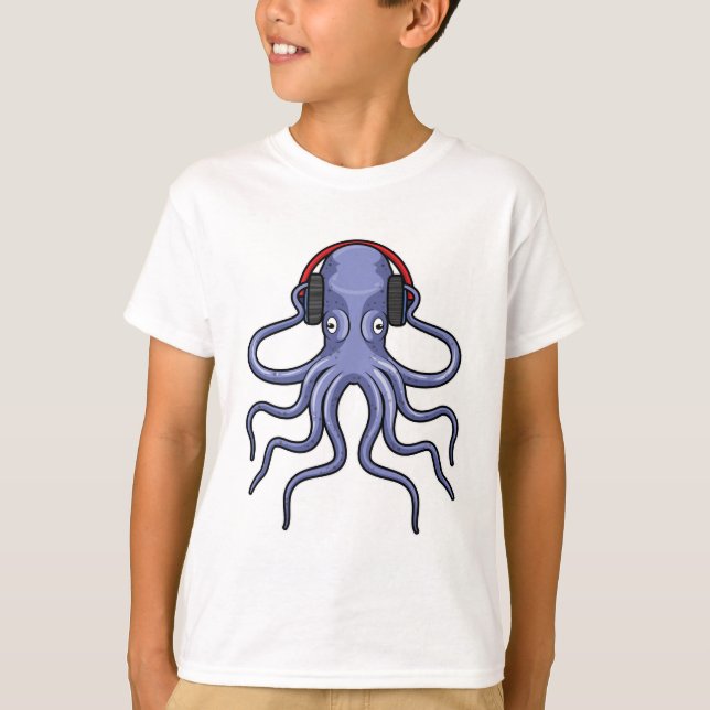 Octopus at Music with Headphone T-Shirt (Front)
