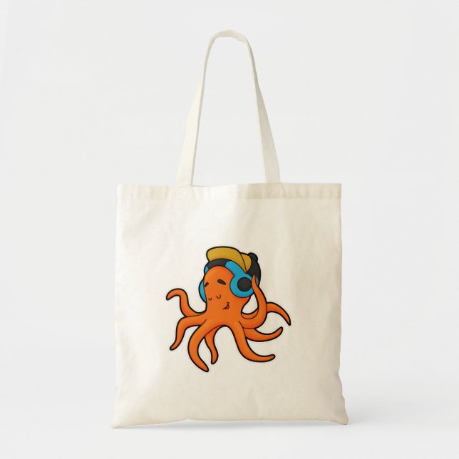 Octopus at Music with Headphone Tote Bag (Front)