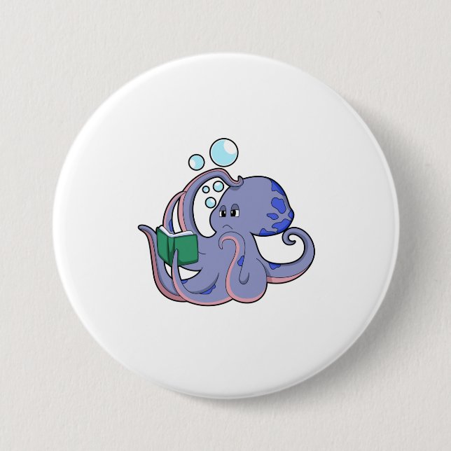 Octopus at Reading with Book 7.5 Cm Round Badge (Front)