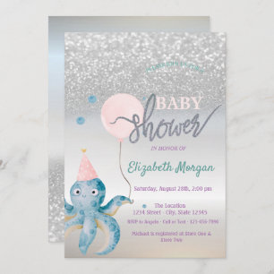Octopus Balloon Silver Bokeh Baby Shower Invitation