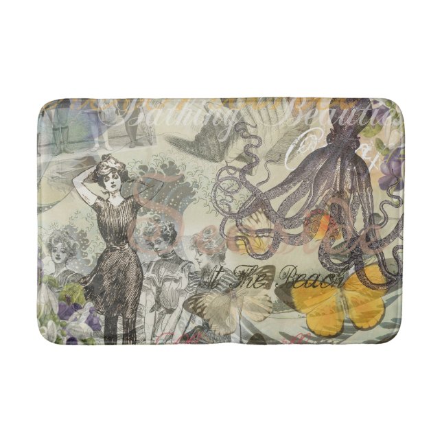 Octopus Beach Antique Coastal Steampunk Bath Mat (Front)