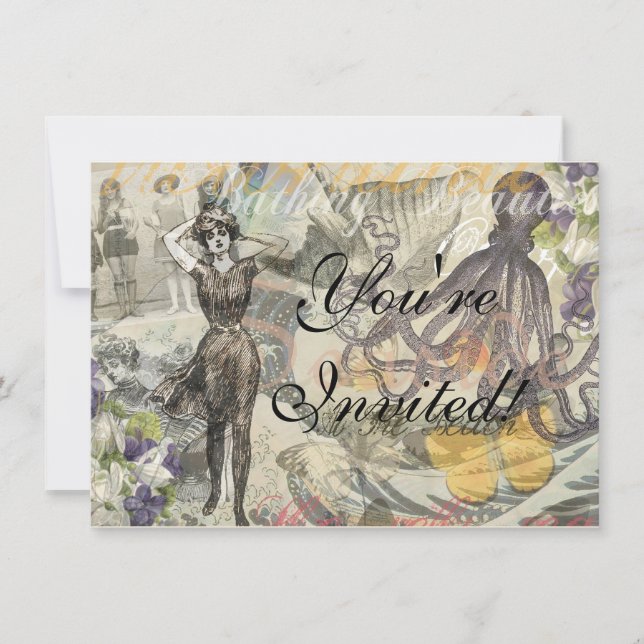 Octopus Beach Antique Coastal Steampunk Invitation (Front)