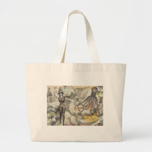 Octopus Beach Antique Coastal Steampunk Large Tote Bag
