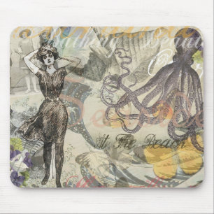 Octopus Beach Antique Coastal Steampunk Mouse Mat