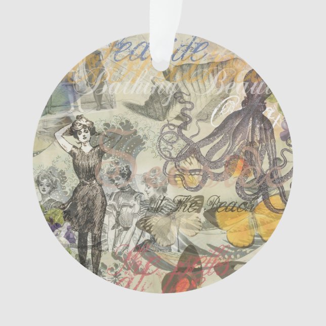 Octopus Beach Antique Coastal Steampunk Ornament (Front)