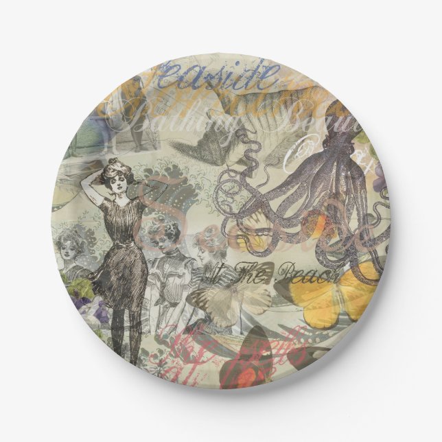 Octopus Beach Antique Coastal Steampunk Paper Plate (Front)