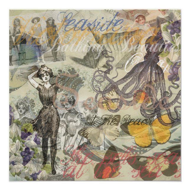 Octopus Beach Antique Coastal Steampunk Poster (Front)