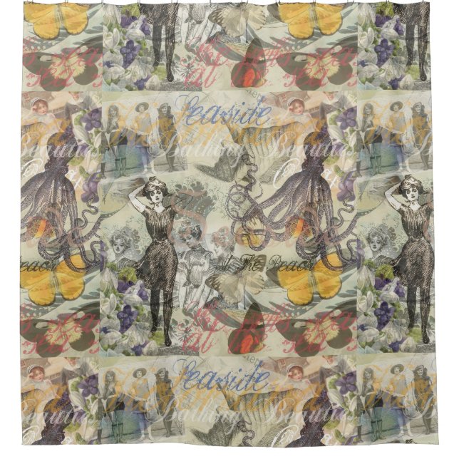 Octopus Beach Antique Coastal Steampunk Shower Curtain (Front)