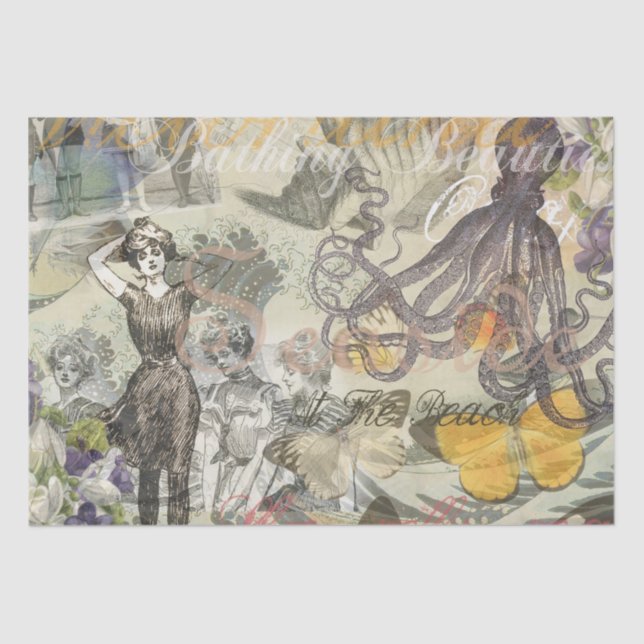 Octopus Beach Antique Coastal Steampunk Tissue Paper (Front)