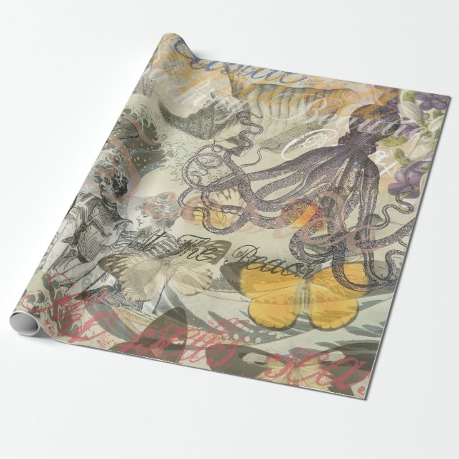 Octopus Beach Antique Coastal Steampunk Wrapping Paper (Unrolled)