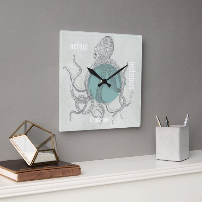 Octopus Beach House or Marine Biologist's Square Wall Clock (Office)