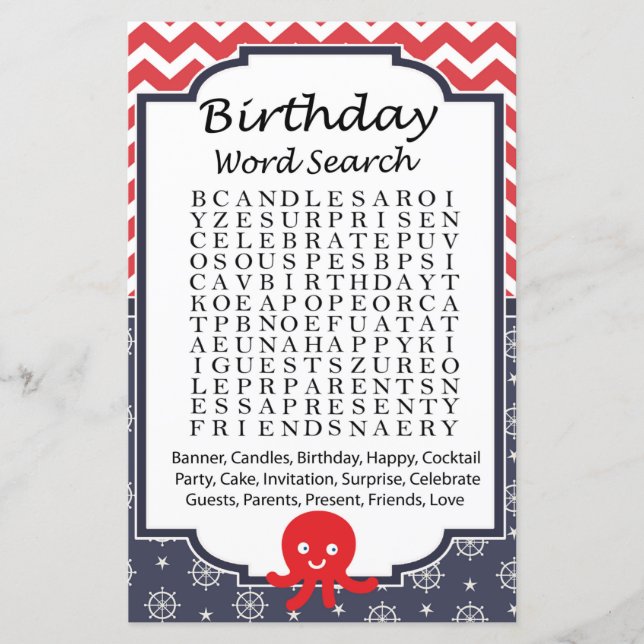 Octopus Birthday word search game (Front)