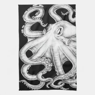 Octopus Black And White Ink Tea Towel