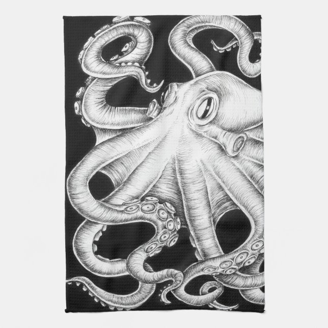 Octopus Black And White Ink Tea Towel (Vertical)