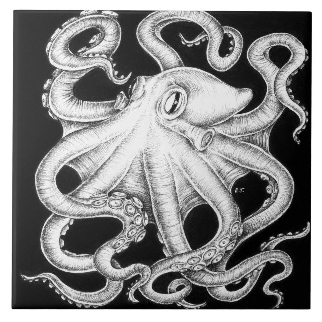 Octopus Black And White Ink Tile (Front)