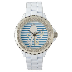 Octopus Blue and White Horizontal Stripe Watch